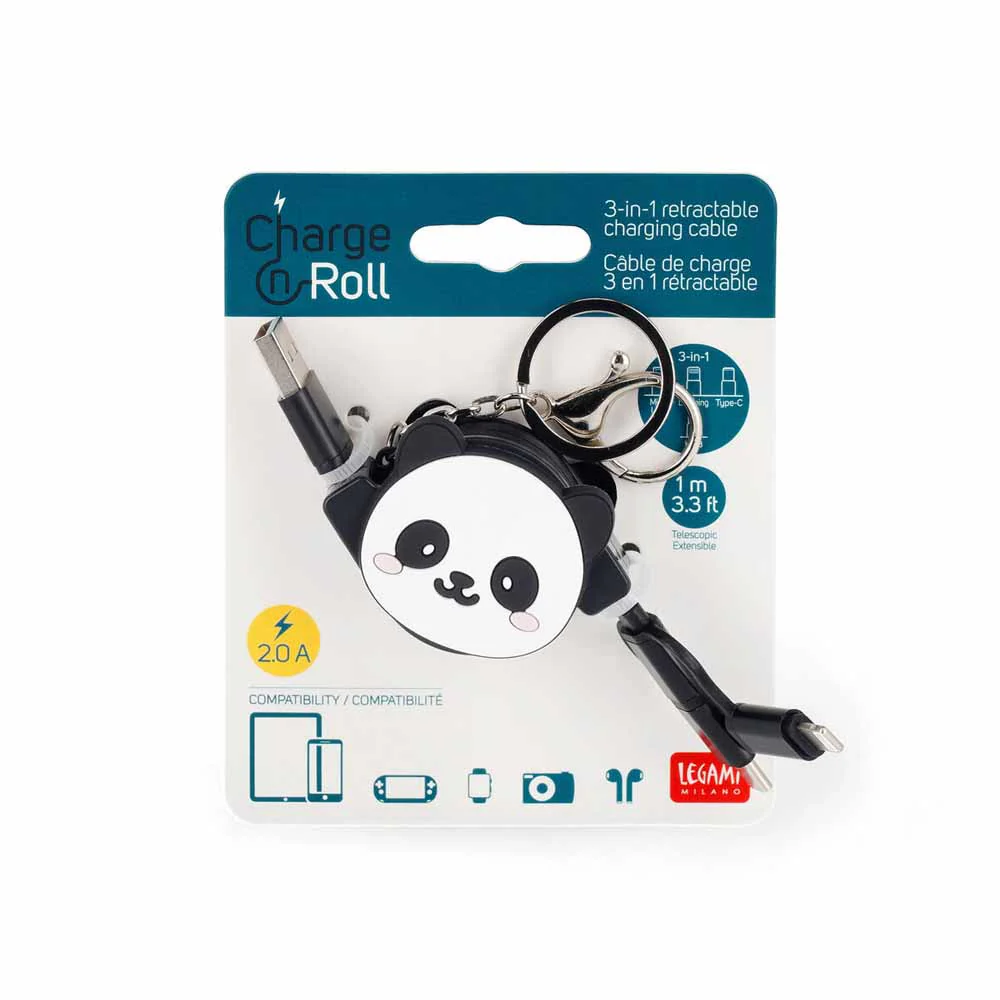מחזיק מפתחות USB נסוג עם 3 סוגי חיבורים - פנדה שחור - Image 3
