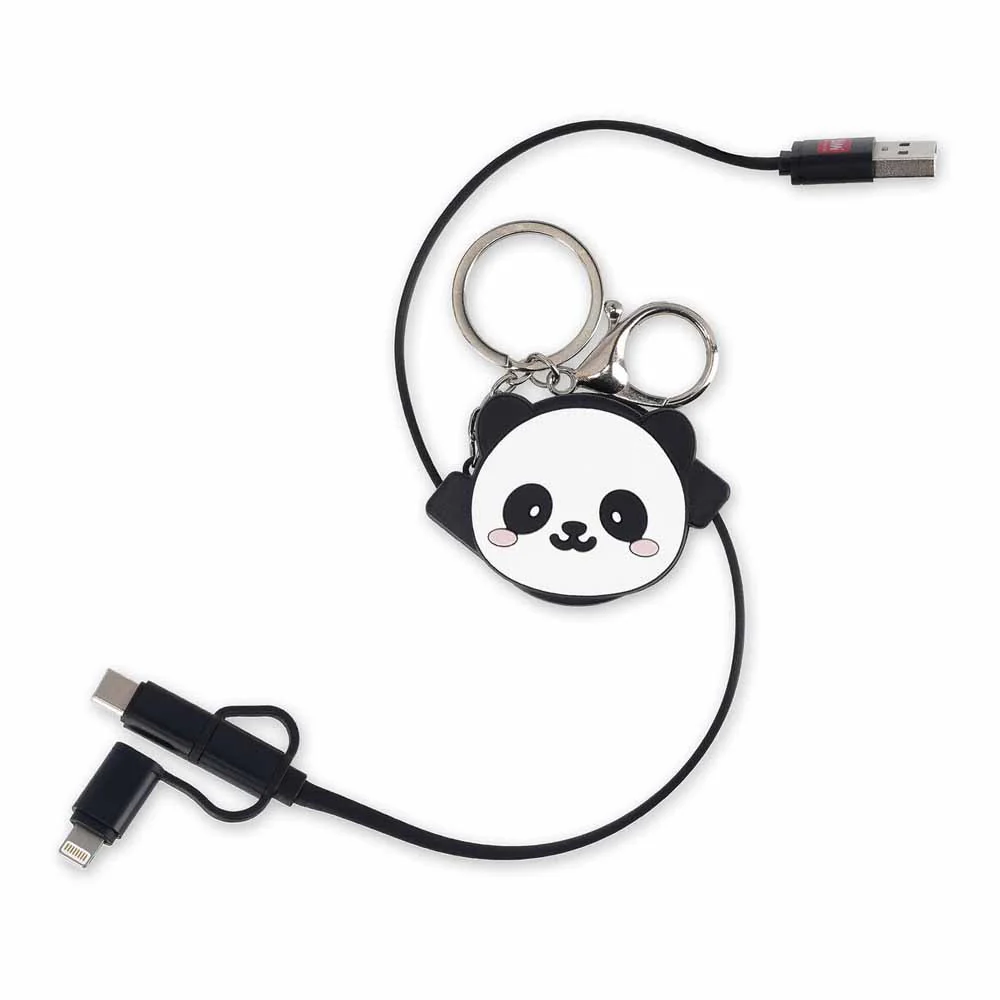 מחזיק מפתחות USB נסוג עם 3 סוגי חיבורים - פנדה שחור - Image 4